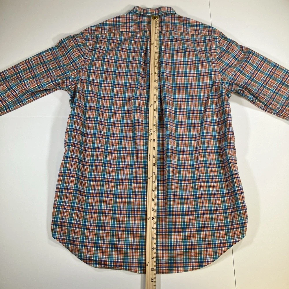 Polo Ralph Lauren Shirt Mens L Orange Blue Plaid Button Down Cotton Stretch Pony